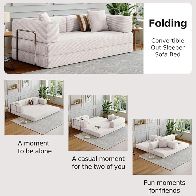 78.8''Convertible Sleeper Sofa Bed,Compressed Floor Boneless Couch,Modular Modern Corduroy Sofa for Living Room Bedroom -with Fixed-Shape Frame and Support Armrest,Easy Assembly(White
