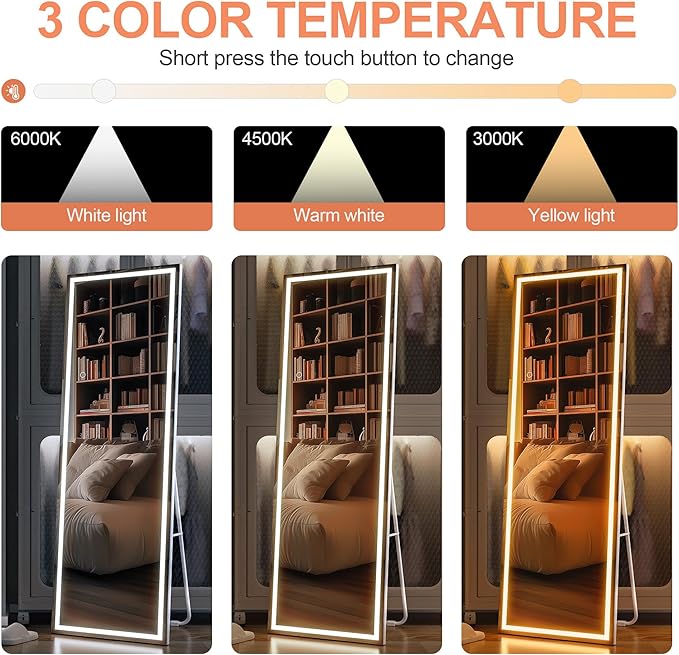 Full Length Mirror with Lights, 56" x 16" LED Lighted Floor Standing Mirror, Tempered Glass, Square White