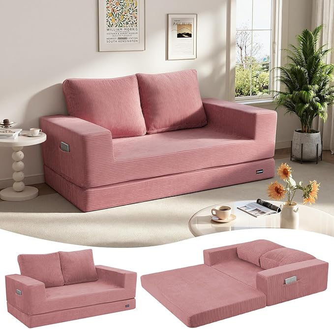 COMAX Convertible Sofa Bed Queen, Folding Fold Out Couch Bed, Floor Futon Couch Corduroy Sleeper Mattress with Back Pillows, Boneless Sofa Comfy Lounge Loveseat for Living Room Bedroom, Pink