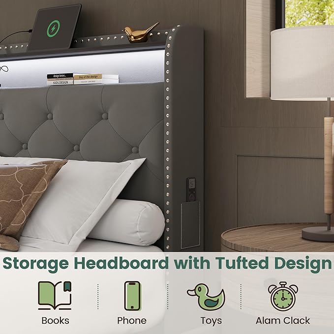 LARMACE Queen LED Bed Frame with Storage Headboard and USB Charging Station, Velvet Upholstered Platform Bed Frame with 4 Drawers, Tufted Beds with Heavy Duty Wood Slats Support, Easy Assembly, Grey