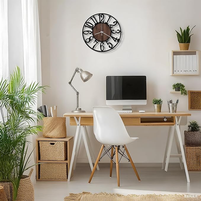 Maxstar Wall Clock Battery Operated,Silent Non-Ticking Modern Rustic Metal Round Clocks Small for Living Room/Bedroom/Office/Kitchen/Farmhouse Home Decor-16 Inch(Brown-Wood)