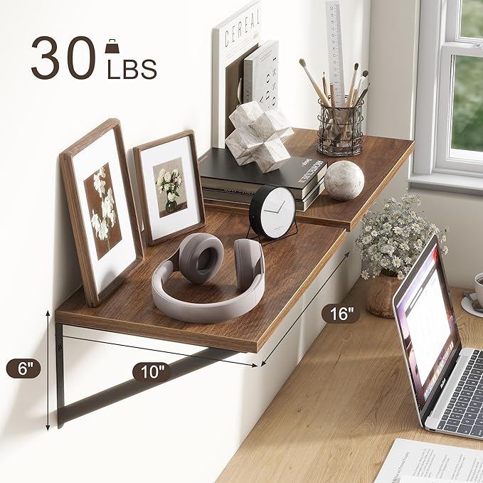Fun Memories 10 Inch Deep Floating Shelves, Walnut Floating Shelf 16 Inch Long, 16" W x 10" D Wall Shelves Set of 2, Deep Shelves for Books, Wide Floating Shelves for Bahtoom, Living Room, Kitchen