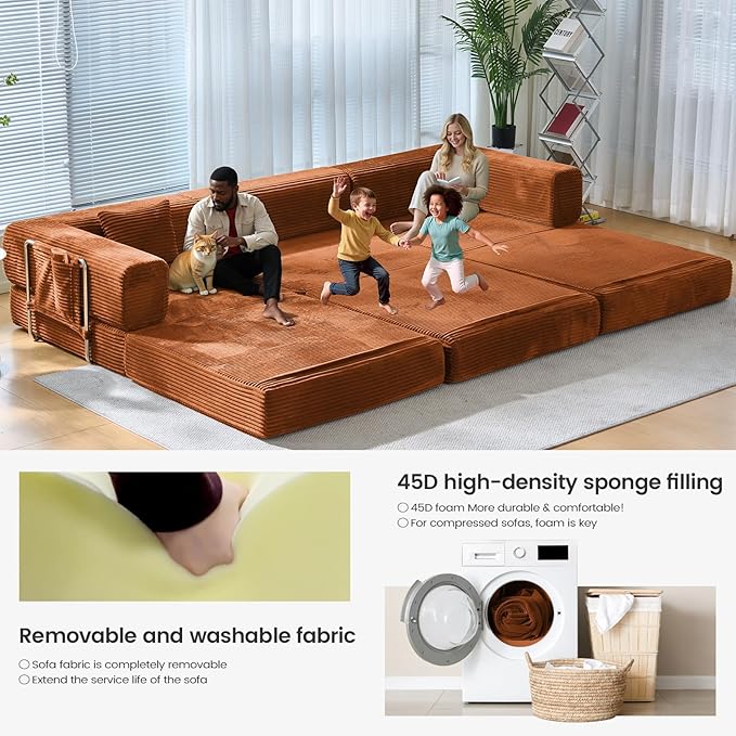 Folding Sofa Bed Convertable Corduroy Couch King Size Floor Sleeper 4-in-1 DIY Combination Modular Sofa Fold Out Futon Lounge Comfy Foldable Lazy cama for Living Room (Orange)