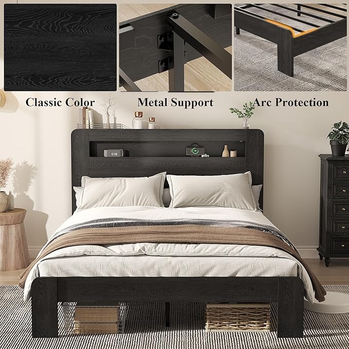 Wooden Bed Frame Queen Size with Storage Headboard - Farmhouse Platform Bed Frame with Bookcase Shelf & Led Lights, Sturdy Wood Slat Framework Bed Frame (Black LED)