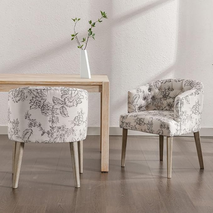 DUOMAY Modern Tufted Dining Chairs Set of 2, Linen Upholstered Side Chair, Comfy Accent Barrel Chair with Wood Legs for Home Kitchen Dining Room Living Room Restaurant, Beige Flower Pattern