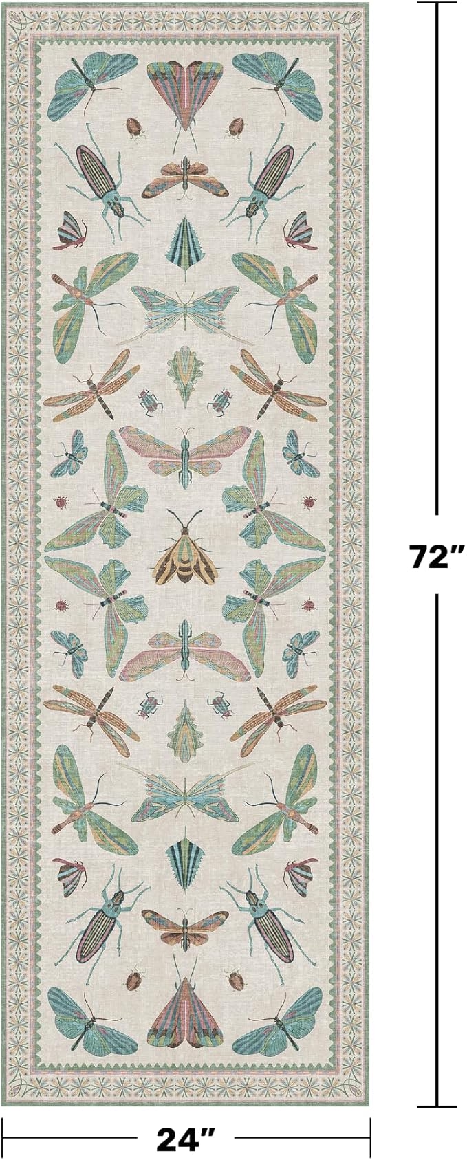Boho Bathroom Runners - 2x6 Blue and Green Rug for Kitchen, Entry Way, Non Slip Washable Butterfly Insect Print Home Decor