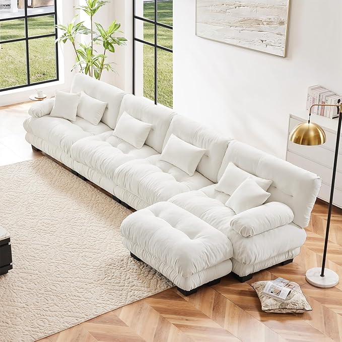 White Ottoman for Modular Sectional Sofa, Ottoman Seat for Convertible Sectional, Chenille Sofa Couch for Living Room, Bedroom, Apartment