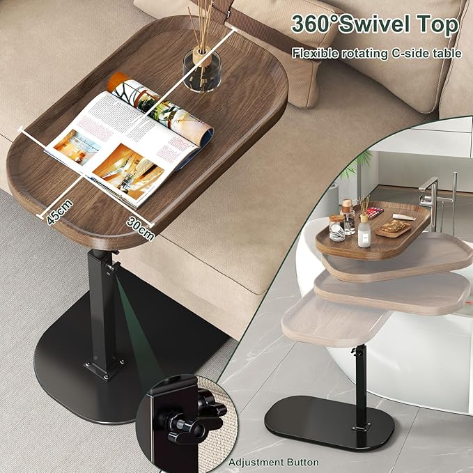 Adjustable Height C Shaped End Table with Wheels,360°Swivel Side Table, Top Tilting Laptop Stand TV Table for Sofa/Bed, Couch Tables that Slide under,Small Coffee Table for Living Room (walnut A)