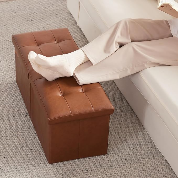 HAUSFRAU 31.5 Inches Ottoman with Storage, Folding Ottoman Bench Small Foot Rest Stool, Bedroom Bench with Flipping Lid, Faux Leather Retro Brown