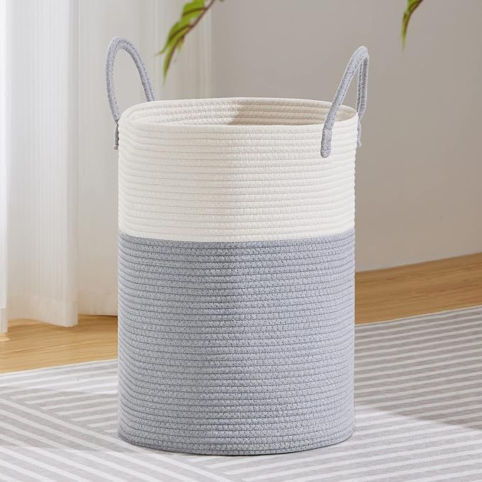 VIPOSCO Large Laundry Hamper, Tall Woven Rope Storage Basket for Blanket, Toys, Dirty Clothes in Living Room, Bathroom, Bedroom - 72L Grey & White