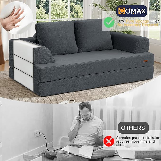 COMAX Convertible Sofa Bed, Folding Floor Couch Fold Out Couch Bed Futon Sleeper Mattress with Pillows, Boneless Sofa Comfy Lounge Loveseat for Living Room Bedroom, Faux Fur Dark Grey