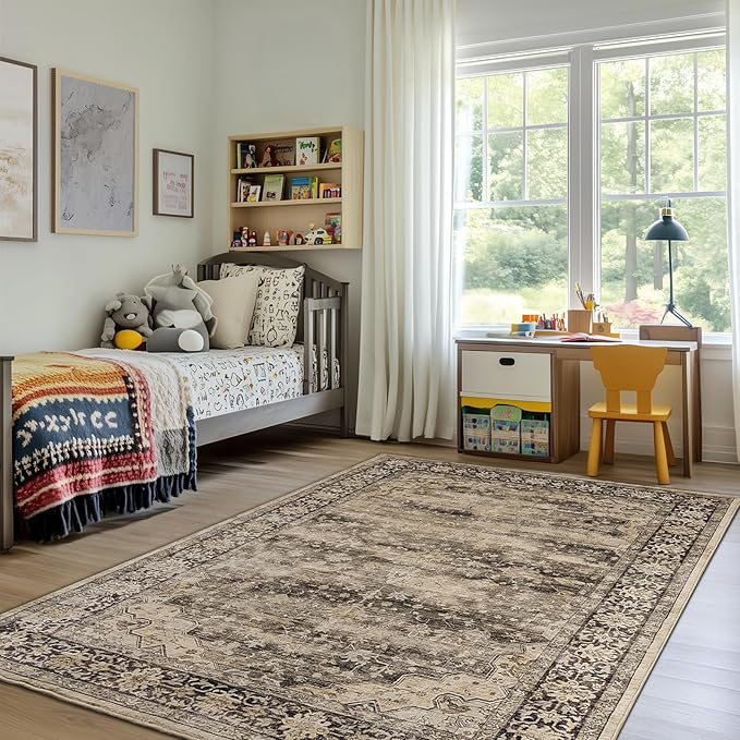 6x9 Living Room Rug Non Slip with Rubber Backing Machine Washable Soft Faux Fur Low Pile Stain Resistant Boho Vintage Euro Floral Carpet Rug for Bedroom Dining Room Kid's Room Home Office,Hazel Brown