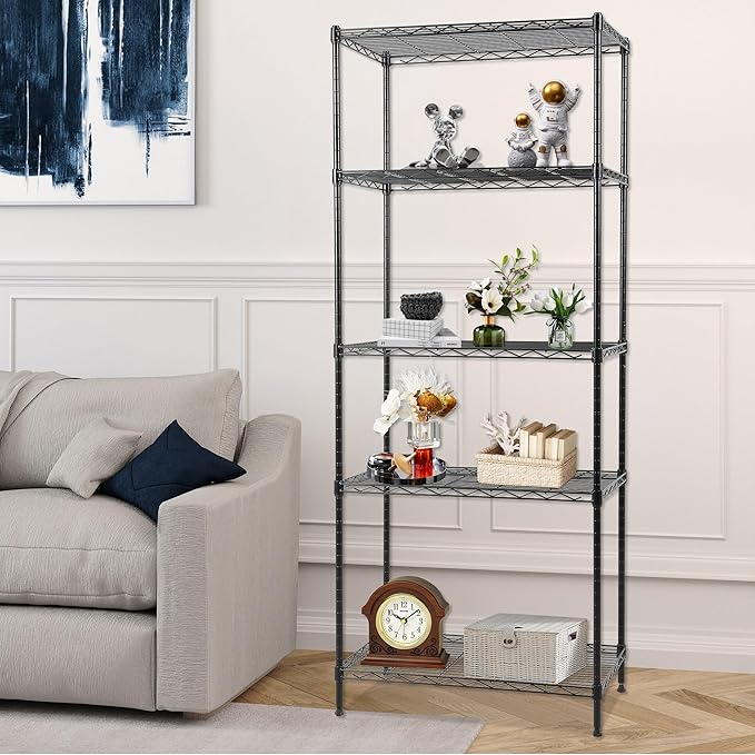 FDW | 5-Tier Wire Storage Shelves | 24"x14"x59" | Black | Adjustable Racks | Heavy-Duty Metal Shelf, Holds Upto 500 lbs | Tool-Free Assembly, Rust-Resistant | for Home & Garage Shelving
