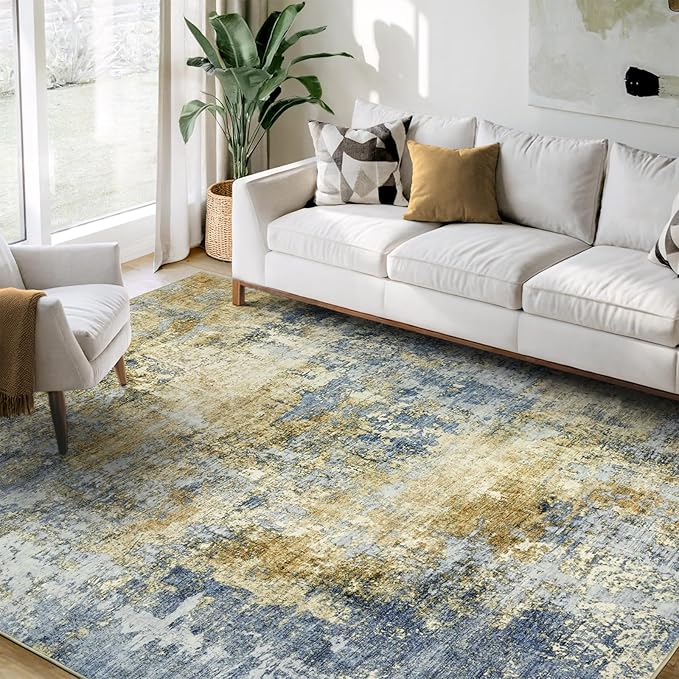 Area Rug Living Room Rugs - 5x7 Modern Abstract Soft Indoor Neutral Washable Rug Stain Resistant Non-Slip Low Pile Carpet for Bedroom Dining Room Home Office - Blue/Grey/Yellow
