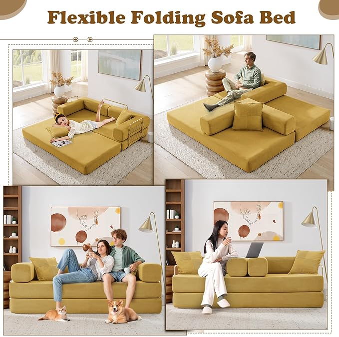 Antetek Convertible Futon Sofa Bed, 3-Seater Modern Corduroy Foam Floor King Size Bed Foldable Sleeper Lounge Loveseat Sofa Couch with 2 Throw Pillows for Living Room Bedroom Guest Room, Yellow