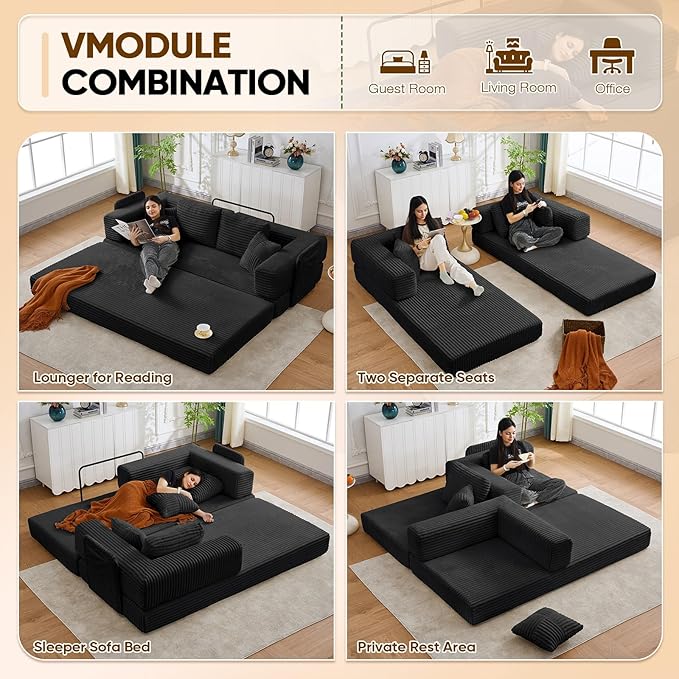 Antetek Convertible Sofa Bed, Comfy Corduroy Fluffy Love seat Sleeper Sofa, 5 in 1 Folding Couch Bed, Fold Out Floor Couch with Pillows for Bedroom, Living Room, Office, Wide Stripes, Black