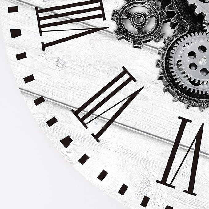 Lafocuse 23 Inch Large Wall Clock with Moving Gears for Living Room, Wooden White Steampunk Gear Clocks with Roman Numerals, Home Decor