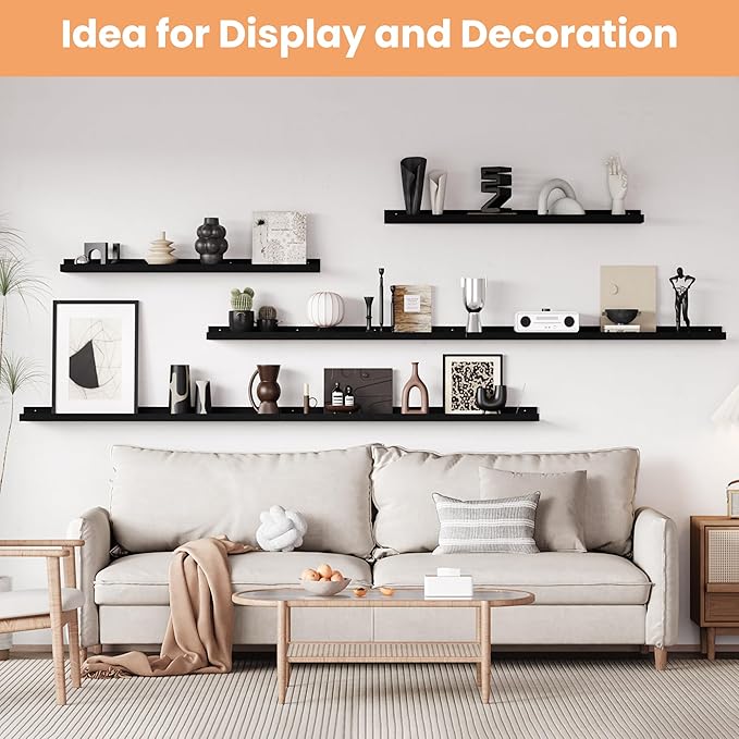 upsimples Floating Shelves for Wall, 47.3 Inch Shelves for Decor Storage Set of 6, Wall Mounted Wood Shelf for Bedroom, Living Room, Bathroom, Kitchen, Long Picture Ledge Shelves, Black