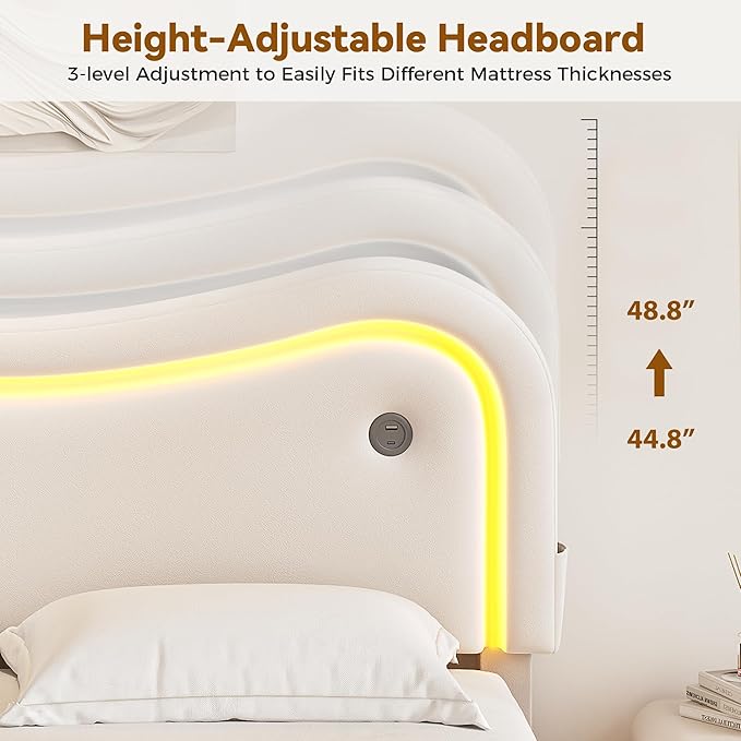 Queen Size Floating Bed Frame with LED Lights, Velvet Upholstered HeadboardBed Frame, Rounded Corners, Charging Station, No Box Spring Needed, Easy Assembly, White