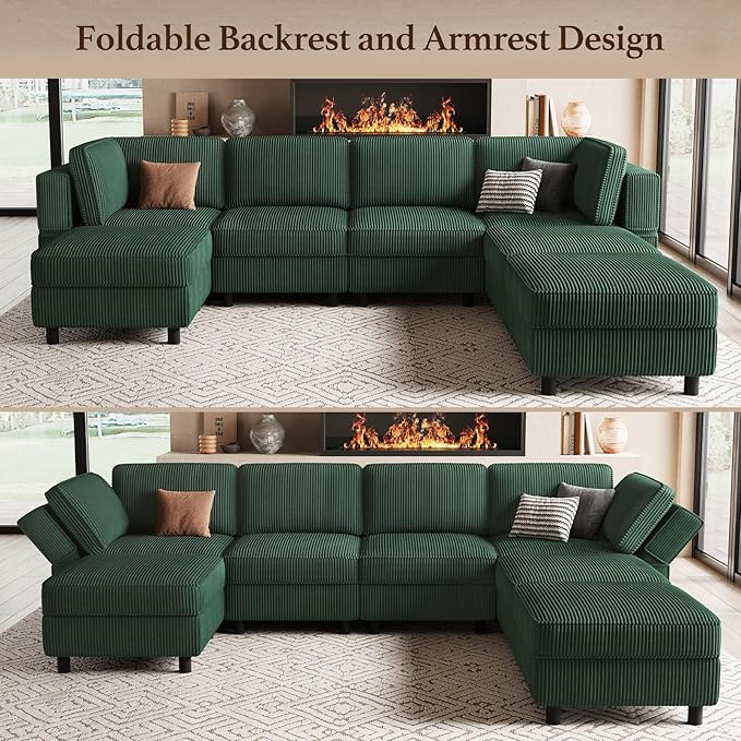 114.2" Modular Sectional Sofa with Deep Storage Seat,Corduroy 7 Seat U Shaped Sofa Couch,Modular Sofa Couch with Movable Ottoman Chaise,Upholstered Sectional Couches for Living Room,Green