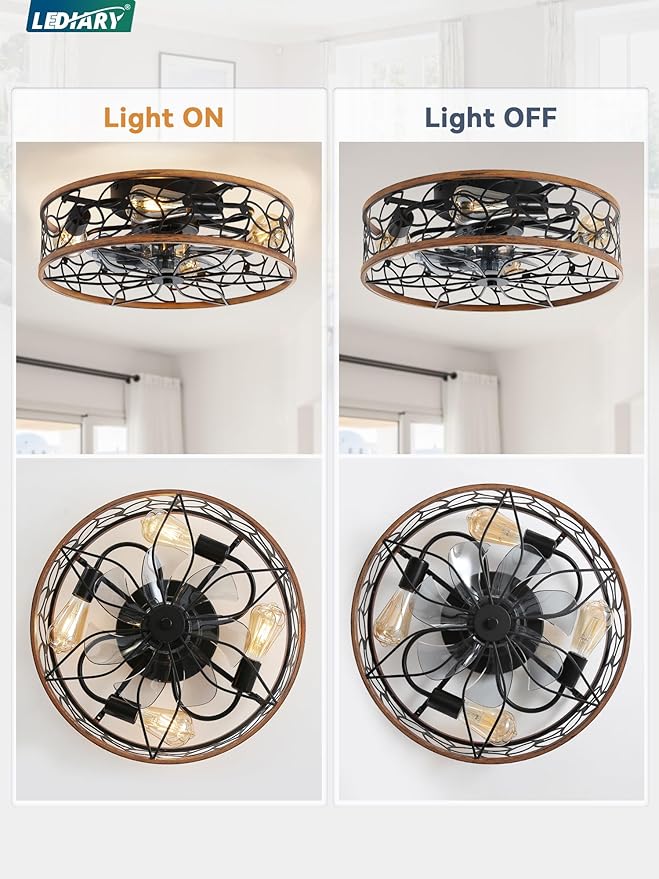 LEDIARY Caged Ceiling Fans with Lights, Farmhouse Flush Mount Ceiling Fan with Remote, Black&Walnut Low Profile Ceiling Fan Light Fixture for Bedroom, Kitchen, Dining Room.