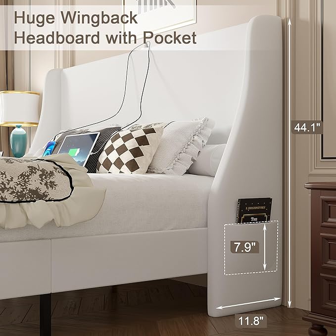 VECELO Full Bed Frame with Upholstered Wingback Headboard, Heavy-Duty Platform Bedframe with Charging Station, Wooden Slats, No Box Spring Needed, White