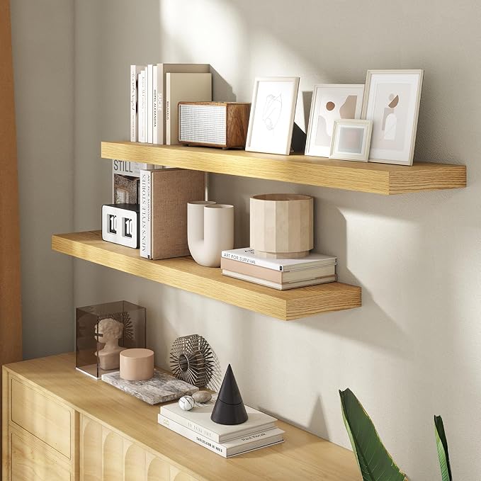 48 Inch Floating Shelves for Wall, 8 Inch Deep Floating Shelf for Storage & Display, Rustic Wall Mounted Shelf with Invisible Brackets for Living Room, Kitchen, Bathroom, Home Decor, Set of 2, Oak