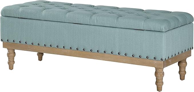 OSP Home Furnishings Landis Button Tufted Padded Top Storage Bench with Brushed Legs, Sea Blue Fabric
