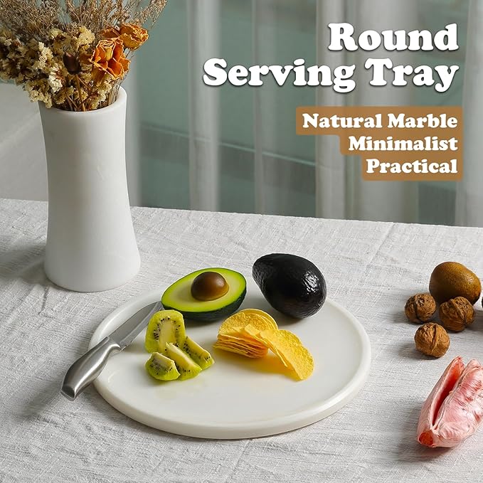 11.8inch Round Marble Serving Tray for Kitchen and Coffee Table, Bathroom Vanity Tray for Counter, White Decorative Catchall Tray for Jewelry, Namib Fantasy