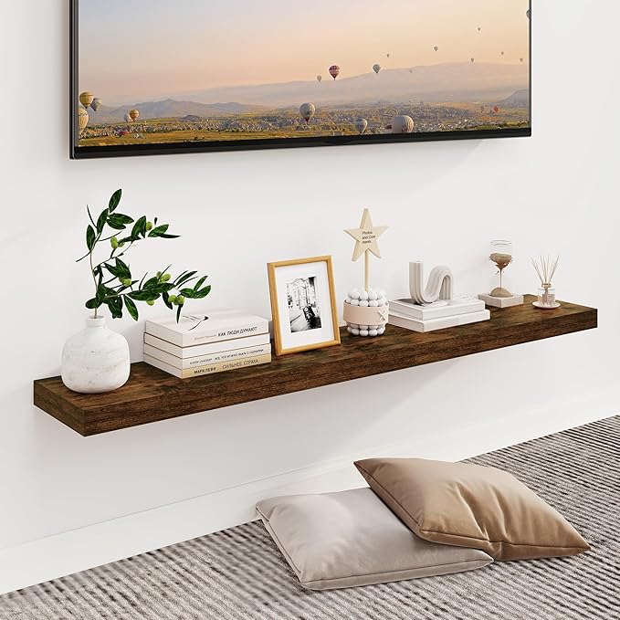 Fun Memories Floating Shelves for Wall, 48Inch Floating Shelves Set of 2, Hanging Shelf with Invisible Brackets, Wood Shelves for Living Room, Bedroom, Kitchen, Brown