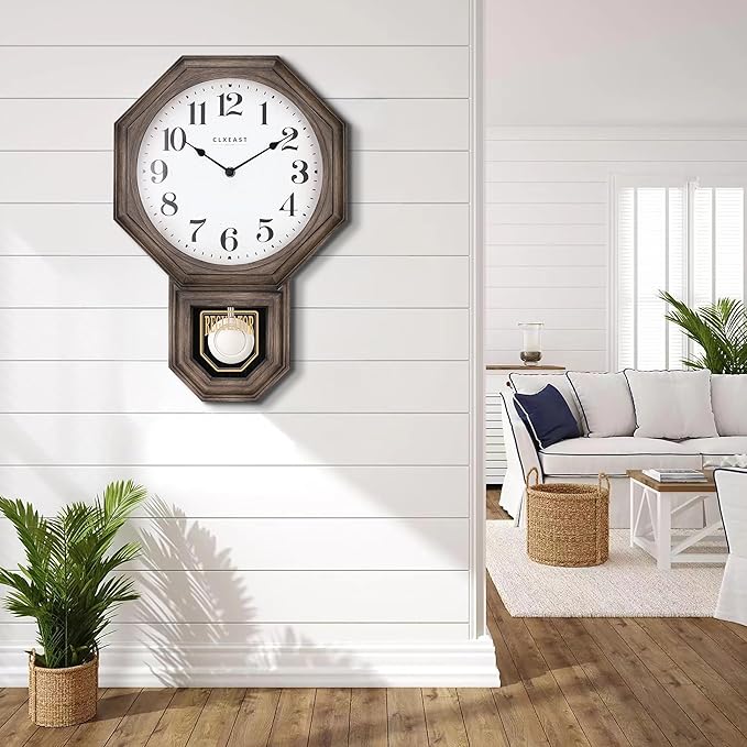 CLXEAST Pendulum Wall Clock, Large Schoolhouse Regulator Pendulum Wall Clocks for Living Room Decor,Dark Grey Oak Finished Plastic,House Warming Gifts New Home,12" W x 17.5" H