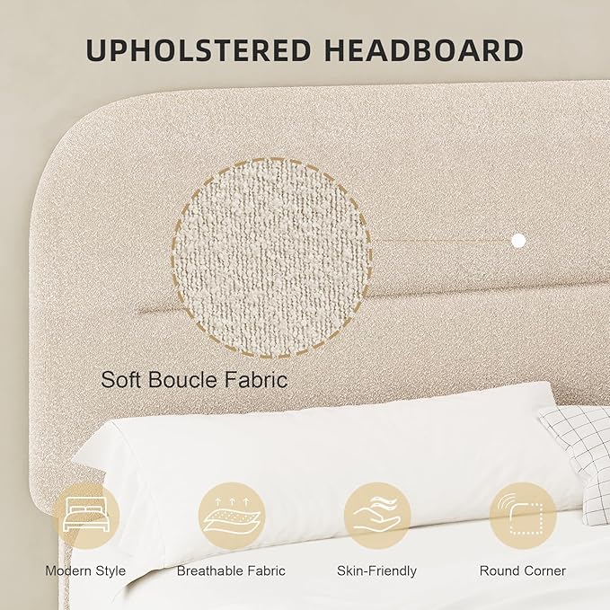 HOMBCK Full Size Boucle Bed Frame, Upholstered Cloud Bed with Headboard, Soft Bed Frames, Modern Style/Thickened Footboard/Rounded Corners Design/No Box Spring Required/Easy Assembly, Beige