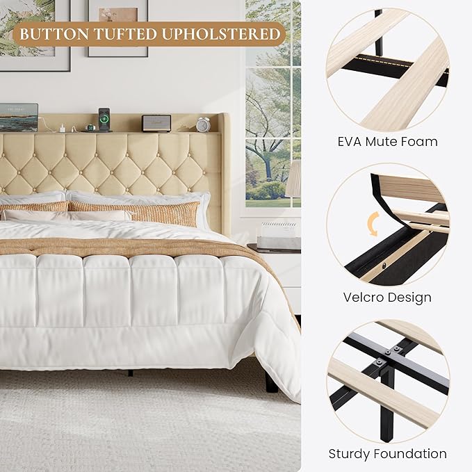 SHA CERLIN King Size Platform Bed Frame with Charging Station, Velvet Wingback Headboard with Storage Shelf, Wooden Slats Support, Ample Under-Bed Space, No Box Spring Needed, Easy Assembly, Beige