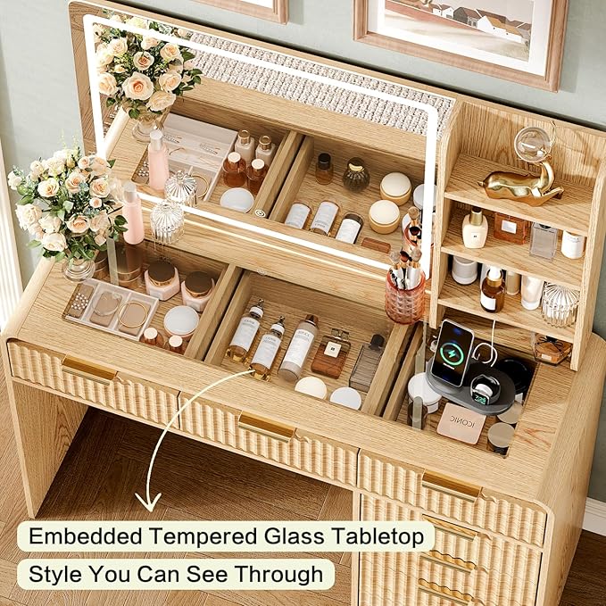 47“Makeup Vanity Desk with Mirror and Lights, Vanity Desk with 7 Drawers & Storage Shelves, Vanity Table with Power Outlet, 3 Color Modes & Adjustable Brightness Dressing Table, Bedroom,Wood