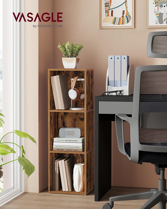 VASAGLE Custos Collection - Bookshelf, 3-Tier Bookcase, Book Shelf, Open Storage Shelf, 9.4 x 11.8 x 37.3 Inches, for Living Room, Home Office, Dining Room, Rustic Brown ULBC433K01