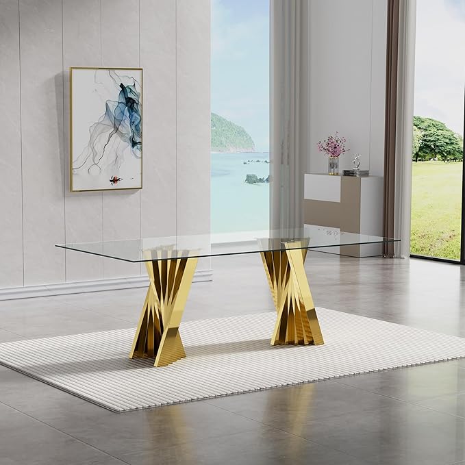 Goujxcy Modern 7 Piece Glass Dining Table Set Luxury Glass Kitchen Table and Chair Set for 6, 70" Large Rectangular Dining Room Table with 6 Tufted Chairs and Stainless Steel Legs (Gold & Green)