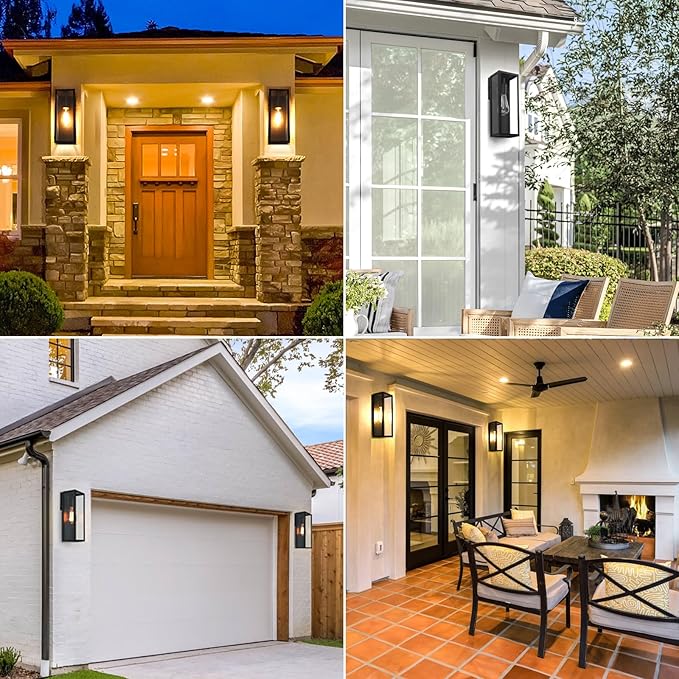 VerRon 2-Pack Outdoor Wall Lanterns, 16” Exterior Waterproof Outdoor Lights with Glass Shades, Black Porch Lights Wall Mounted, Anti-Rust E26 Modern Lighting for Patio Garage Entryway Front Door