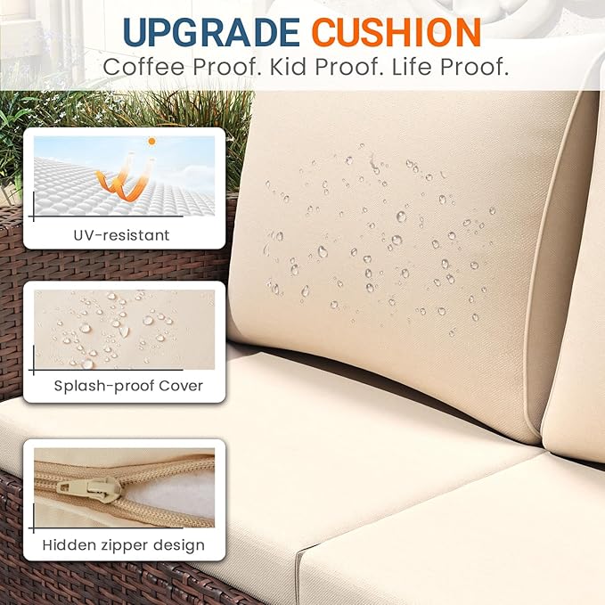 Wisteria Lane 4 Piece Patio Furniture Set, Wicker Outdoor Patio Conversation Furniture Set, All Weather Outdoor Patio Sofa with Cushion and Glass Table, Brown