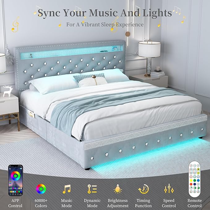 Queen Led Bed Frame with 2 Drawers, Modern Sturdy Adjustable Upholstered Crystal Button Tufted Headboard Platform Bedframe with Storage, No Box Spring Needed, Noise-Free, Easy Assembly, Velvet Grey