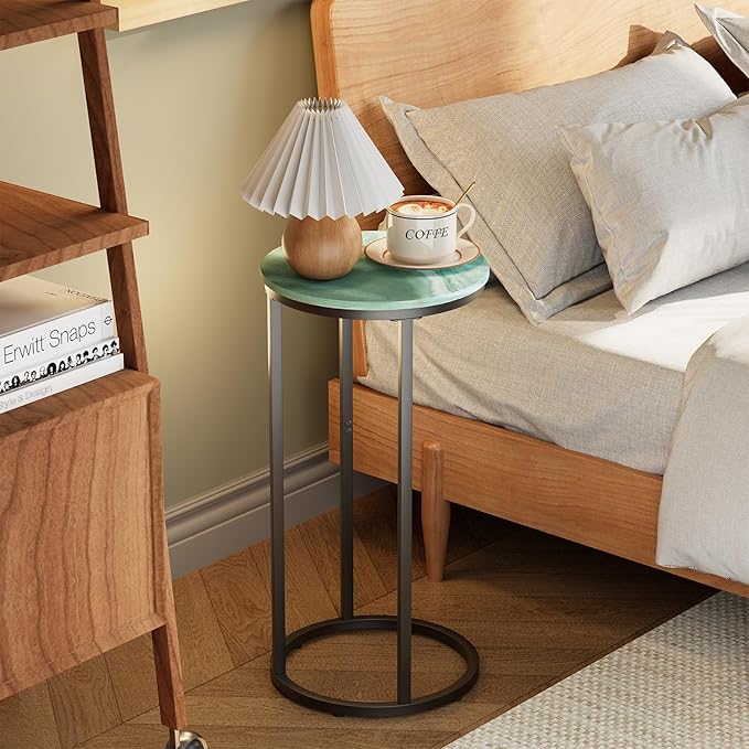 C Shaped end Table,Wood Round Side Table for Couch,Small Sofa Table with Metal Frame for Bedroom,Living Room,Bedside,Sea Blue(11.81" D x 11.81" W x 23.62" H)