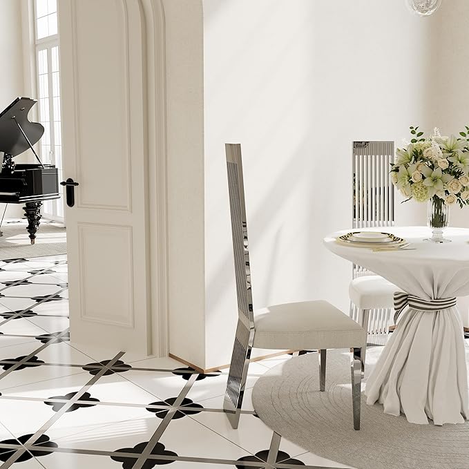 White and Silver Dining Chairs Set of 2, Upholstered High Back Dining Chairs with Mirrored Stainless Steel Backrest and Legs, Modern Luxury Dining Room Chair for Kitchen Living Room Restaurant
