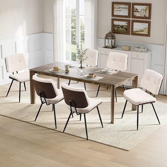 Dining Chairs Set of 6,Mid Century Modern Kitchen Chairs with Walnut Bentwood Back and Metal Legs,Upholstered Fabric Dining Room Chairs for Kitchen, Living Room,Beige