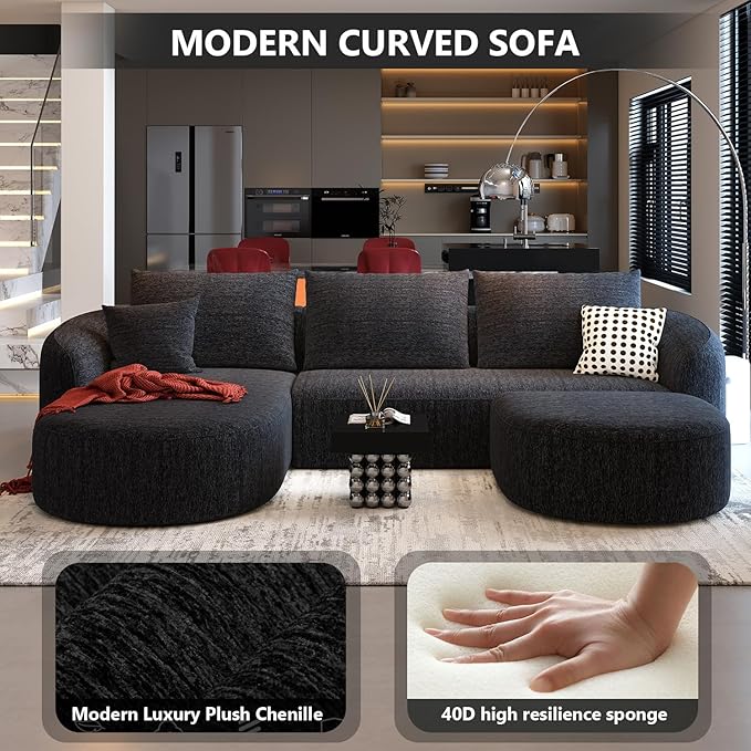 111" Modular Sectional Couches Luxury Modern Curved Back U-Shape Sofa Set with Ottoman,Minimalist Comfy Boneless Cloud Couch for Living Room Apartment,(Left Facing Chaise,Black)