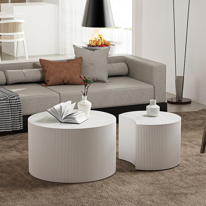 Round Nesting Coffee Table Set 2 Piece, Drum Modern Stackable Side Table for Living Room/Bedroom Small, Space-Saving Accent Furniture with Scratch-Resistant Design (A White 27.56 in)