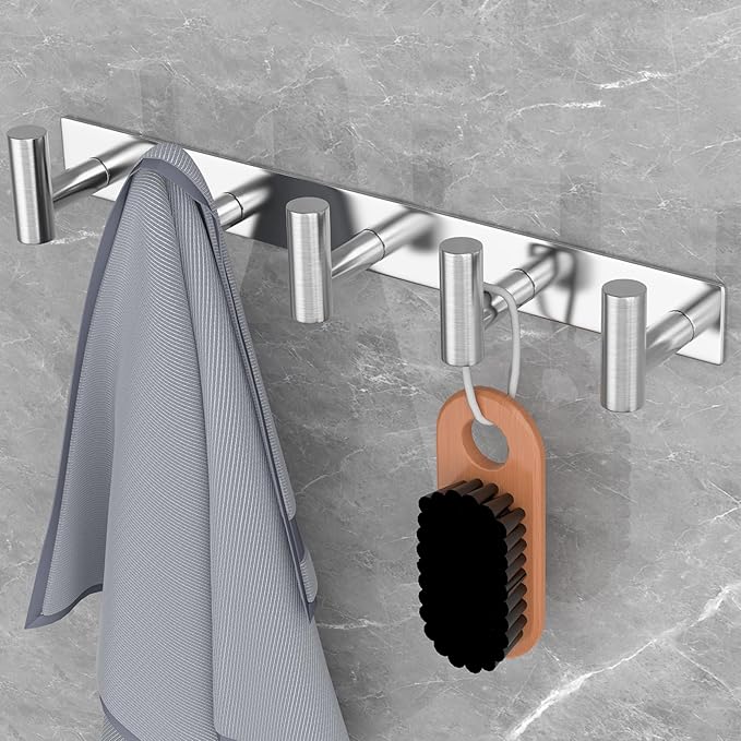 PMMASTO Coat Rack Wall Mounted, 5 "T Shaped Wall Hooks for Hanging, Heavy Duty Stainless Steel Coat Hook Rail for Hat Towel Robes in Bathroom Kitchen Mudroom Entryway (Silver, 2 Pack)