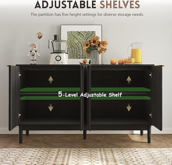 Fluted Cabinet with Storage, Small Buffet Cabinet Sideborad with Door, Kitchen Buffet Storage Accent Cabinets with Adjustable Shelves for Living Room, Entry, Hallway,Black