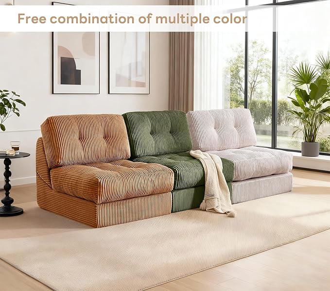 Tbfit 35.8'' Folding Sofa Bed, Convertible Sleeper Chair with Large Pillow, Corduroy Folding Couch Bed, Portable & Foldable Mattress Boneless Floor Sofa Set of 2, Green