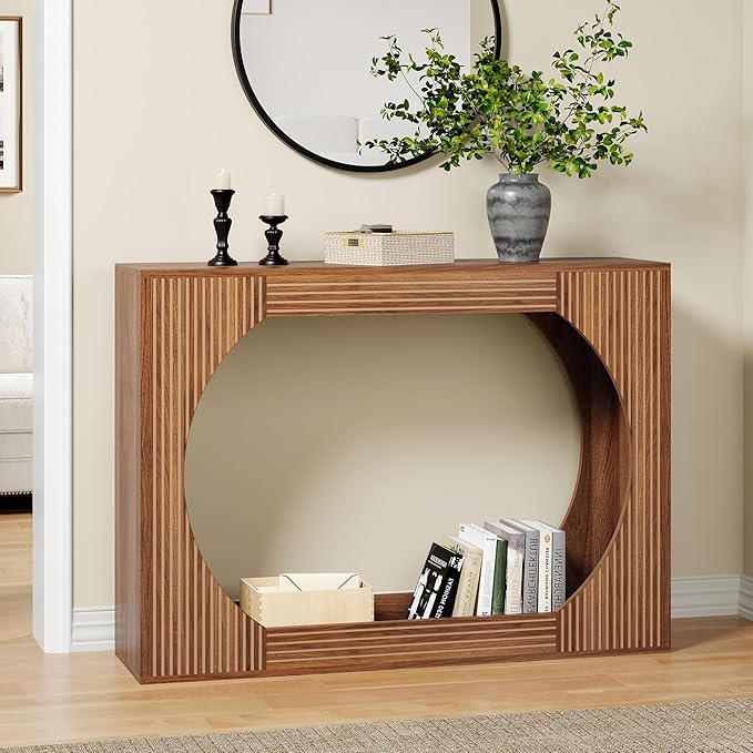 43.3" Console Table with Storage, 2-Tier Wooden Entryway Table with Carving Lines, Mid-Century Modern Accent Rectangular Sofa Table Behind Couch for Foyer, Entrance, Living Room, Hallway (Walnut)