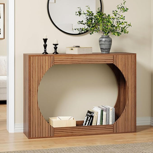 43.3" Console Table with Storage, 2-Tier Wooden Entryway Table with Carving Lines, Mid-Century Modern Accent Rectangular Sofa Table Behind Couch for Foyer, Entrance, Living Room, Hallway (Walnut)