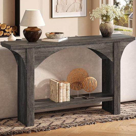 55 Inches Console Table,2 Tier Farmhouse Entryway Table,Narrow Wood Accent Tables with Storage Shelves for Living Room,Entrance,Hallway,Foyer (Gray)